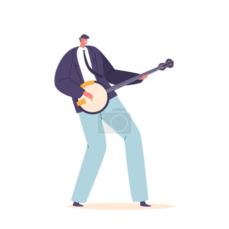 Téléchargez les illustrations : Musicien qualifié Personnage masculin jouant passionnément le banjo, créant des mélodies captivantes avec battement rythmique et doigtage mettant en valeur les instruments Twang unique et son d'inspiration folklorique - en licence libre de droit