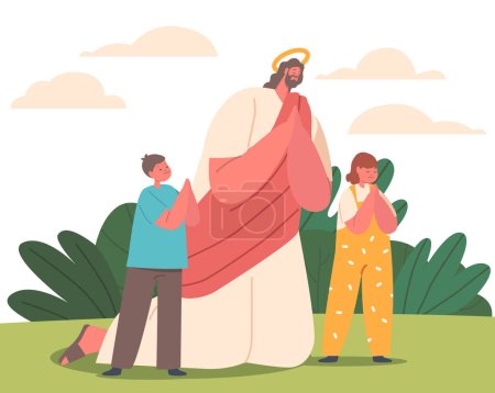 Illustration for Jesus And Cute Little Children Characters Praying On A Serene Summer Meadow, Embracing Faith, Love, And Innocence In A Peaceful And Harmonious Setting. Cartoon People Vector Illustration - Royalty Free Image