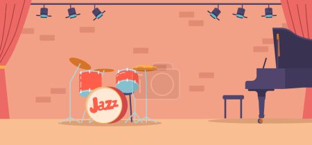 Illustration for Stage With Instruments For Playing Jazz Concert Including Drums, And Piano, Setting The Perfect Mood For An Unforgettable Musical Experience. Music Hall Scene Interior. Cartoon Vector Illustration - Royalty Free Image