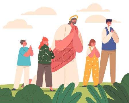 Téléchargez les illustrations : Jésus entouré d'enfants personnages priant sur une prairie ensoleillée. Symbole de la foi, de l'innocence et de la beauté d'une connexion spirituelle dans l'embrassement de la nature. Illustration vectorielle des personnages de bande dessinée - en licence libre de droit