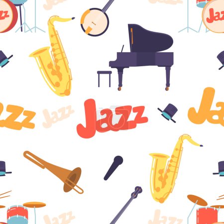 Illustration for Seamless Pattern With Various Jazz Instruments, Piano, Saxophone, Trumpet, Drums and Banjo Creating A Rhythmic And Melodic Design. Perfect For Music Lovers. Cartoon Vector Illustration - Royalty Free Image