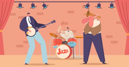 Téléchargez les illustrations : Jazz Band Character On Stage with Banjo, Drums and Trumpet Créer une atmosphère électrisante qui transporte les auditeurs vers un monde de brillance musicale. Illustration vectorielle des personnages de bande dessinée V - en licence libre de droit
