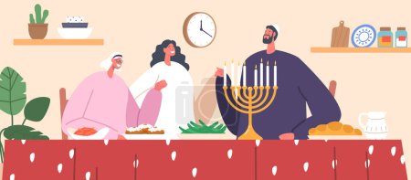 Téléchargez les illustrations : Les personnages de la famille juive se rassemblent pour prier pendant un repas, embrassant leurs traditions et exprimant leur gratitude pour les bénédictions qui leur sont accordées. Illustration vectorielle des personnages de bande dessinée - en licence libre de droit
