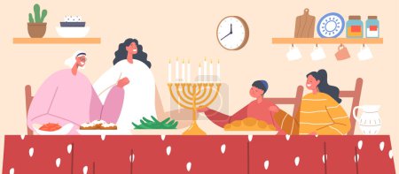 Ilustración de Los devotos personajes de la familia judía se reúnen, expresando gratitud y buscando bendiciones sobre una comida compartida, fomentando un sentido de conexión espiritual y unidad. Dibujos animados Gente Vector Ilustración - Imagen libre de derechos
