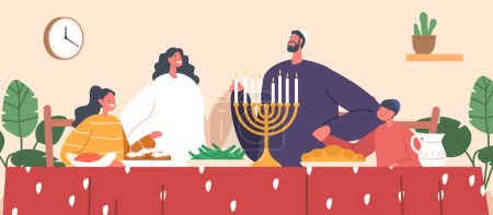 Los devotos padres e hijos de familias judías se reunieron alrededor de una mesa, orando juntos mientras compartían una comida, demostrando fe, unidad y reverencia en sus tradiciones religiosas. Ilustración vectorial