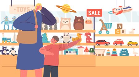 Illustration for Uncontrollable Child In Store, Fervently Pleading With Their Parent To Purchase Toys. The Childs Emotions Are Intense, Displaying Desperation And Excitement For The Desired Toys. Vector Illustration - Royalty Free Image