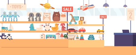 Illustration for Toys Shop Showcase Displaying Wide Array Of Playful And Colorful Toys For Children Of All Ages. Delightful Collection That Spark Imagination And Brings Joy To Young Hearts. Cartoon Vector Illustration - Royalty Free Image