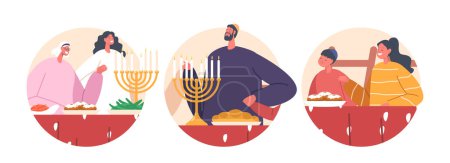 Illustration for Isolated Round Icons Jewish Family Characters Gathered at Table, Bowing Their Heads In Prayer, Expressing Gratitude And Seeking Blessings During Mealtime Ritual. Cartoon People Vector Illustration - Royalty Free Image