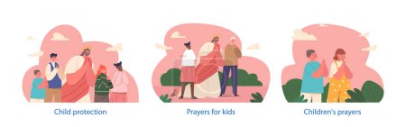 Illustration for Isolated Elements with Serene Scenes Of Jesus And Children Praying On Summer Meadow, Capturing The Purity And Innocence Of Their Faith Amidst The Beauty Of Nature. Cartoon People Vector Illustration - Royalty Free Image