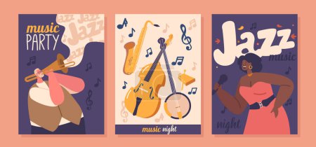 Illustration for Jazz Banners with Woman Singer and Trumpeter Characters Captivating with Blend Of Vibrant Colors, Rhythmic Typography, And Elegant Imagery, Evoking The Soulful Essence Of Jazz Music. Vector Flyers Set - Royalty Free Image
