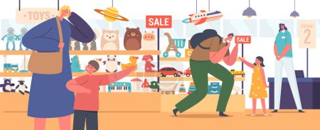 Illustration for Hysterical Children Characters In A Store Pleading Their Parents To Buy Toys. Their Intense Emotions Create A Chaotic Scene, Filled With Desperation And A Strong Desire For The Desired Items, Vector - Royalty Free Image