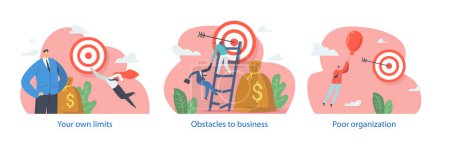 Illustration for Characters Overcome Obstacles and Challenges That Hinder Business Growth And Success, Competition, Economic Fluctuations, Regulatory Barriers, Poor Organization. Cartoon People Vector Illustration - Royalty Free Image