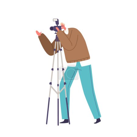Illustration for Photographer Male Character Capturing Moments With A Camera on Tripod, Expertly Framing Subjects, Manipulating Light, And Creating Stunning Images Through The Lens. Cartoon People Vector Illustration - Royalty Free Image