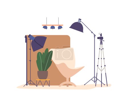 Illustration for Modern Professional Photo Studio Interior With Well-equipped Lighting Setups, Chair, Backdrop, And Props, Versatile And Creative Space For Capturing Stunning Photographs. Cartoon Vector Illustration - Royalty Free Image