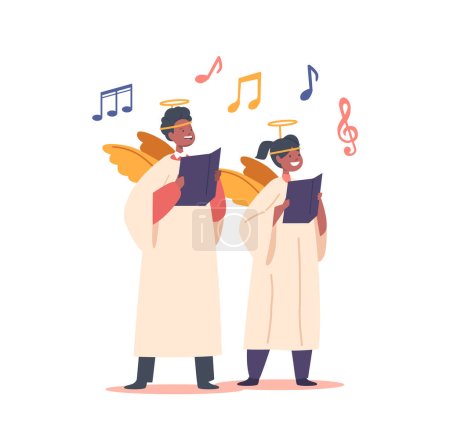 Illustration for Children Characters Dressed In Angel Costumes, Joyfully Singing In A Choir, Creating A Heavenly Atmosphere With Their Innocent Voices And Celestial Attire. Cartoon People Vector Illustration - Royalty Free Image