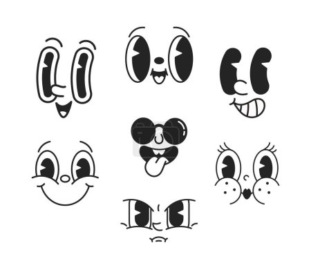 Illustration for Lively Black and White Cartoon Comic Style Faces Set, Featuring Expressive And Exaggerated Features, Perfect For Adding Fun And Personality To Illustrations, Designs And Storytelling. Vector Emoji Set - Royalty Free Image