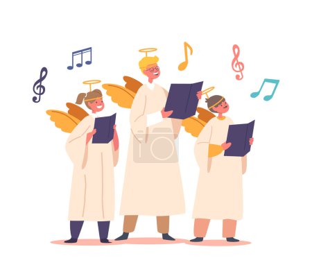 Illustration for Children Dressed In Angel Costumes with Nimbus Holding Notes Harmoniously Sing Together In A Choir. Little Characters Creating A Delightful And Ethereal Ambiance. Cartoon People Vector Illustration - Royalty Free Image