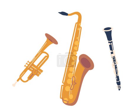 Téléchargez les illustrations : Le saxophone, la trompette et la clarinette sont quelques-uns des instruments de jazz de musique emblématiques qui apportent rythme, harmonie et âme à ce genre vibrant, créent des mélodies improvisées. Illustration vectorielle de bande dessinée - en licence libre de droit