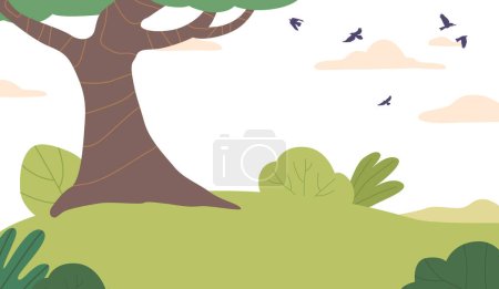 Ilustración de Campo de verano exuberante con un árbol solitario de pie alto, proporcionando sombra y una vista pintoresca de los alrededores verdes vibrantes. Dibujos animados paisaje paisaje fondo, naturaleza pradera. Ilustración vectorial - Imagen libre de derechos