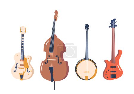 Illustration for Melodic, Rhythmic, And Soulful, String Jazz Instruments Electric and Bass Guitar, Double Bass and Banjo Bring A Unique Blend Of Warmth And Sophistication To The Genre. Cartoon Vector Illustration - Royalty Free Image