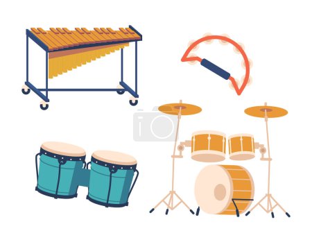 Ilustración de La batería y la pandereta son algunos de los icónicos instrumentos de jazz musical que crean melodías conmovedoras, rítmicas e improvisadas características de este género. Ilustración de vectores de dibujos animados - Imagen libre de derechos