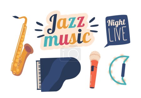 Illustration for Microphone, Saxophone, Piano, Drums, And Tambourine Iconic Instruments Used In The World Of Jazz Music, Creating Lively Rhythms And Soulful Melodies That Define The Genre. Cartoon Vector Illustration - Royalty Free Image