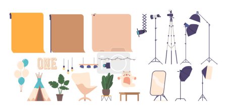 Illustration for Photography Studio Set Of Essential Items Including Backdrops, Lights, Tripods, Reflectors, And Props For Professional-quality Photoshoots and Family Photo Sessions. Cartoon People Vector Illustration - Royalty Free Image