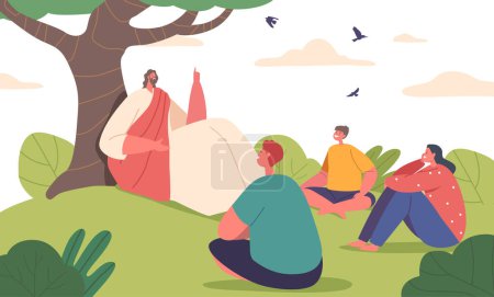 Jesusfigur, die unter einem Baum sitzt, fesselt Kinder mit seinem Geschichtenerzählen, Teilen von Weisheit, Liebe und Lektionen, die den Sinn für Wunder in jungen Herzen fördern. Cartoon People Vektor Illustration