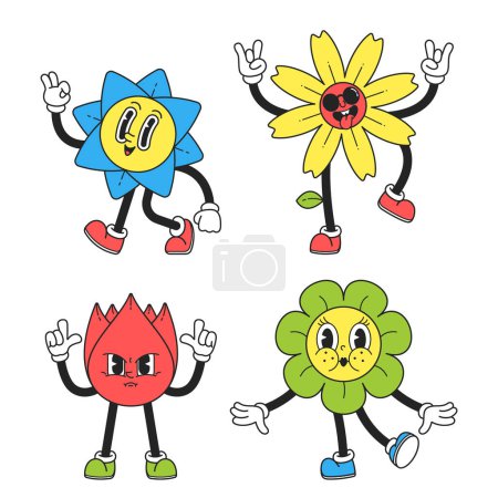 Illustration for Y2k Flower Characters, Whimsical And Retro-inspired Blossom Personages With Vibrant Colors, Representing The Playful And Optimistic Spirit Of The Turn Of The Millennium. Cartoon Vector Illustration - Royalty Free Image