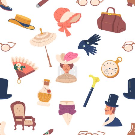 Illustration for Elegant Seamless Pattern Featuring A Collection Of 19th-century Items. Vintage Charm Is Brought To Life Through Antique Objects, Creating A Nostalgic And Timeless Design. Cartoon Vector Illustration - Royalty Free Image