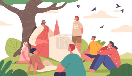 Illustration for Serene Scene Of Jesus Biblical Character Sit Under A Tree, Captivating Children With His Storytelling. Wisdom And Compassion Radiate As He Shares His Teachings. Cartoon People Vector Illustration - Royalty Free Image