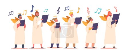 Kinderfiguren in Engelskostümen singen harmonisch im Chor. Mädchen und Jungen verbreiten mit ihren himmlischen Stimmen und ihrer himmlischen Präsenz Freude und Verzauberung. Cartoon People Vektor Illustration