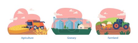 Isolated Elements with Stages Of Cultivation, Planting, Harvesting and Storage in Granary. Farmland Process From Sowing Seeds To Reaping The Rewards Of A Successful Crop. Cartoon Vector Illustration