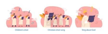 Illustration for Isolated Elements With Children Characters Dressed In Angel Dress, Singing In A Choir, Create A Beautiful And Heavenly Atmosphere Filled With Innocence And Joy. Cartoon People Vector Illustration - Royalty Free Image