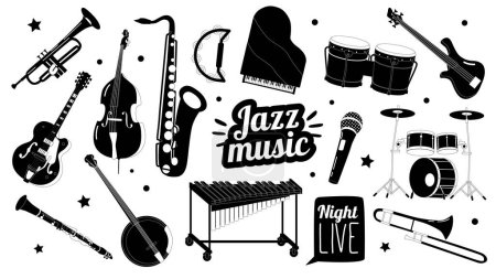 Illustration for Set Of Black and White Musical Jazz Instruments Saxophone, Trumpet, Piano, Double Bass, Drum Kit, And Clarinet, Banjo, Microphone, Tambourine, Guitar Isolated Monochrome Icons. Vector Illustration - Royalty Free Image