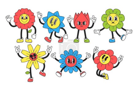 Ilustración de Personajes florales de Y2k, figuras florales caprichosas y retro-inspiradas que encarnan la estética vibrante y futurista de la era de Y2k, trayendo un ambiente nostálgico y energético. Ilustración de vectores de dibujos animados - Imagen libre de derechos