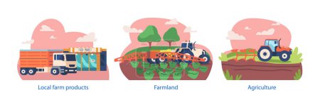 Illustration for Isolated Elements with Cultivation Stages. Soil Plowing, Watering Plants, Delivery to Stores. Icons Encompass The Process From Planting Seeds To Harvesting Mature Produce. Cartoon Vector Illustration - Royalty Free Image