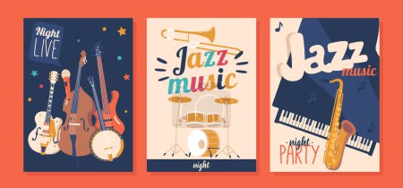 Illustration for Vibrant Jazz Concert Banners Featuring Captivating Design, Bold Typography, And Musical Elements and Instruments Convey The Excitement And Energy Of Live Jazz Performances. Cartoon Vector Illustration - Royalty Free Image