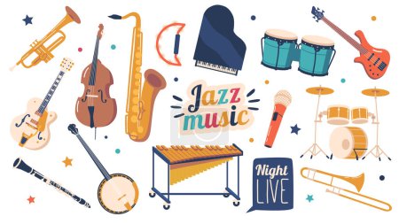 Illustration for Set Of Musical Jazz Instruments Saxophone, Trumpet, Piano, Double Bass, Drums, And Clarinet, Banjo, Microphone, Guitar, Create The Soulful And Improvisational Soundscape. Cartoon Vector Illustration - Royalty Free Image