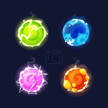 Conjunto encantador de esferas mágicas, cada uno sosteniendo un poder único, capaz de conceder deseos, lanzar hechizos y desbloquear misterios ocultos. Green, Blue, Pink y Red Balls. Ilustración de vectores de dibujos animados