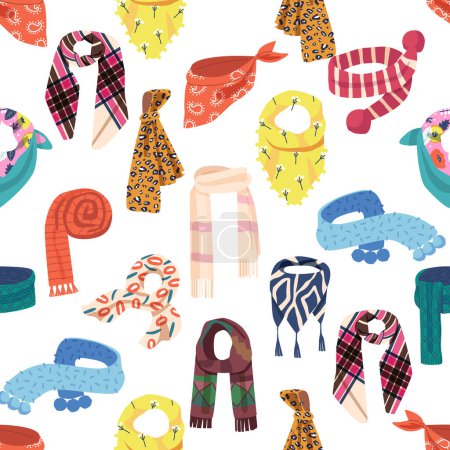 Illustration for Stylish And Versatile Seamless Pattern Showcases Collection Of Scarves In Various Colors And Ornaments, Perfect For Adding A Fashionable Touch To Any Design Project. Cartoon Vector Illustration - Royalty Free Image