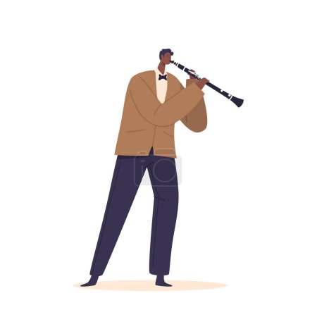Illustration for Skilled Jazz Musician Male Character Playing The Clarinet With Passion And Finesse, Captivating Listeners With Soulful Melodies And Improvisation. Cartoon People Vector Illustration - Royalty Free Image
