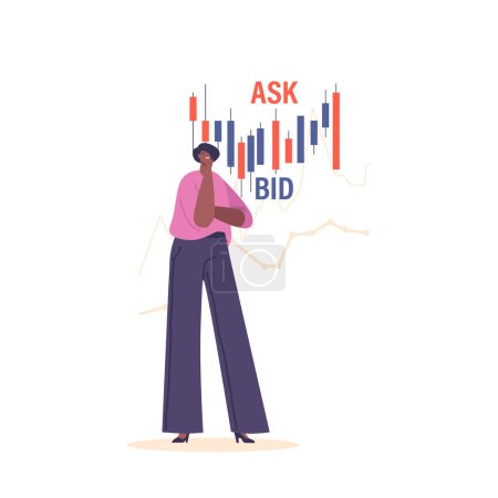 Illustration for Pensive Woman Trader Character Contemplating The Fluctuations Of The Ask-bid Graph, Pondering Cryptocurrency Market Trends And Potential Investment Decisions. Cartoon People Vector Illustration - Royalty Free Image