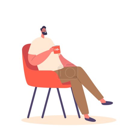 Ilustración de Relajado hombre sentado en una silla, disfrutando de una taza de café. Su postura exuda consuelo mientras saborea la bebida caliente. Carácter masculino aislado sobre fondo blanco. Dibujos animados Gente Vector Ilustración - Imagen libre de derechos