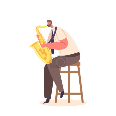 Musicien personnage masculin jouant du saxophone assis sur la chaise isolé sur fond blanc. Sax Player Blowing Music Composition pendant le Jazz Band Entertainment Concert. Illustration vectorielle des personnages de bande dessinée