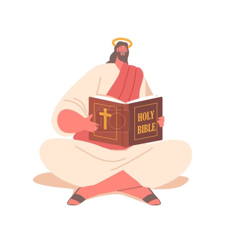 Illustration for Jesus Religious Character Reading The Bible, Holy Book Of Christianity, Signifies His Devotion To Scripture And Serves As A Symbol Of His Teachings And Spiritual Guidance. Cartoon Vector Illustration - Royalty Free Image