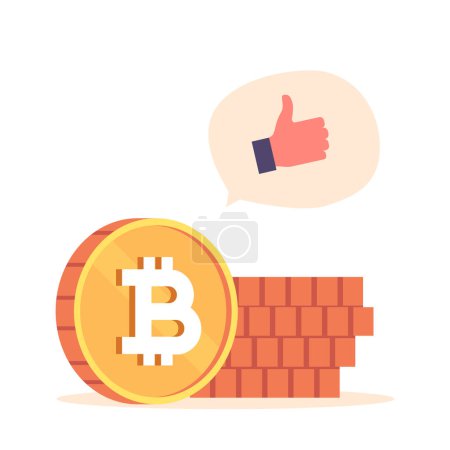 Illustration for Cryptocurrency Operations Concept. Bitcoin Symbolizes Digital Currency Revolution Against A Brick Wall Backdrop, While A Thumb Up Symbolizes Approval And Support. Cartoon Vector Illustration - Royalty Free Image