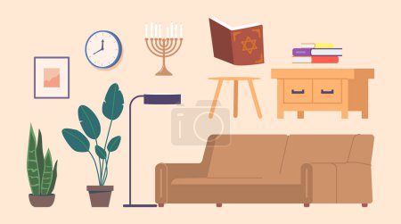 Illustration for Set of Jewish Living Room Furniture and Items. Sofa, Torah Book, Menorah, Picture and Clock on the Wall, Houseplant and Lamp Isolated Icons, Design Elements. Cartoon Vector Illustration - Royalty Free Image