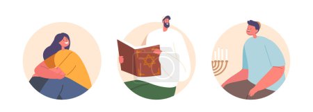 Illustration for Isolated Round Icons or Avatars of Jewish Family Characters Father, Son and Daughter Reading The Torah With Reverence And Devotion, Embracing Their Rich Heritage And Passing Down Sacred Traditions - Royalty Free Image