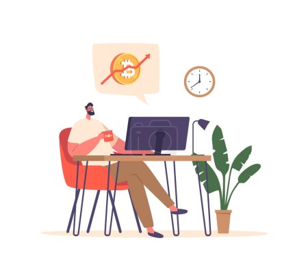 Illustration for Engrossed At His Desk, Man Character Sips Coffee While Closely Monitoring A Computer Screen Displaying A Rising Cryptocurrency Graph, Captivated By The Potential Financial Gains. Vector Illustration - Royalty Free Image